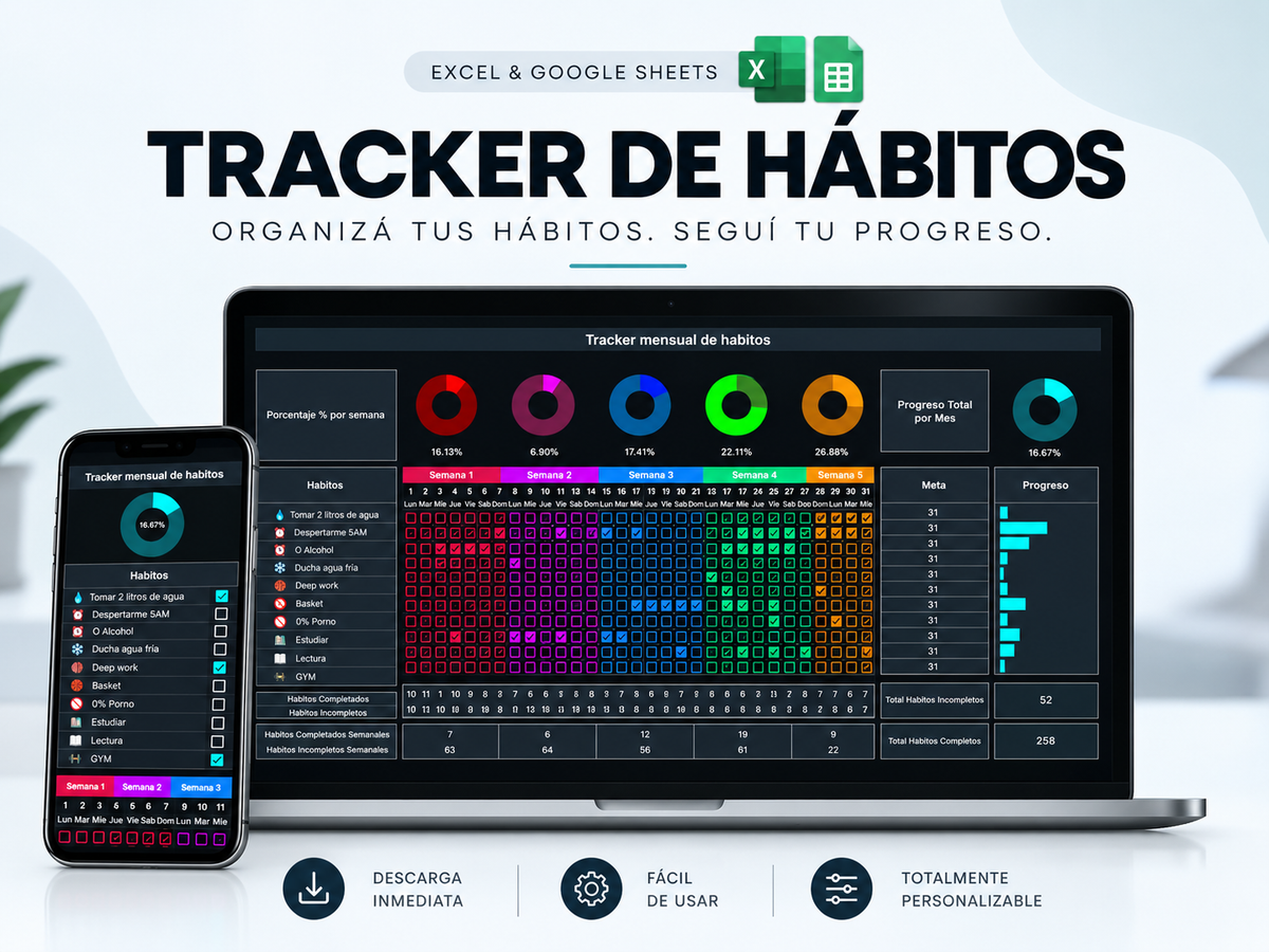 HabitlyOS™ Tracker de hábitos para Excel y Google Sheets